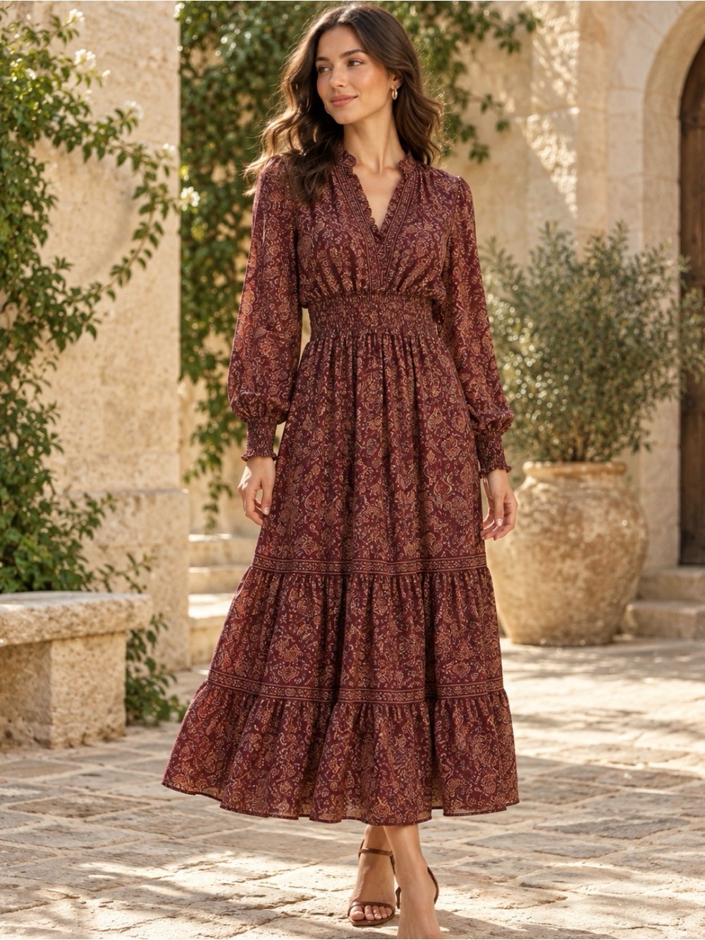 MAX STUDIO Burgundy Red
Floral Print Split Mock Neck Ruffle Tiered Maxi Dress